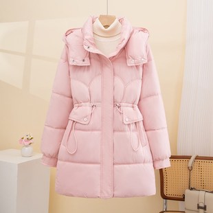 羽绒棉服女款2024冬季新款中长款百搭连帽收腰显瘦保暖棉衣外套