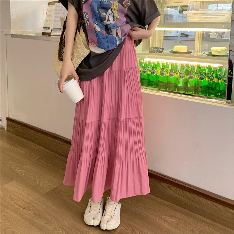 大码粉色长款半身裙女秋季垂感a字中长裙显瘦遮胯高级感压褶长裙