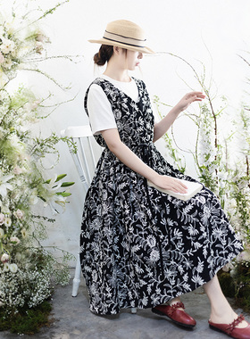 现货【褶裥漫步】黑色背心连衣裙女夏季新款纯棉刺绣收腰背带长裙
