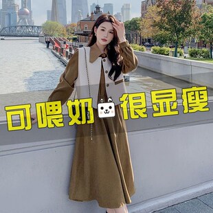 哺乳装外出辣妈一整套两件套秋冬连衣F裙子长袖遮肉马甲衬衫裙套
