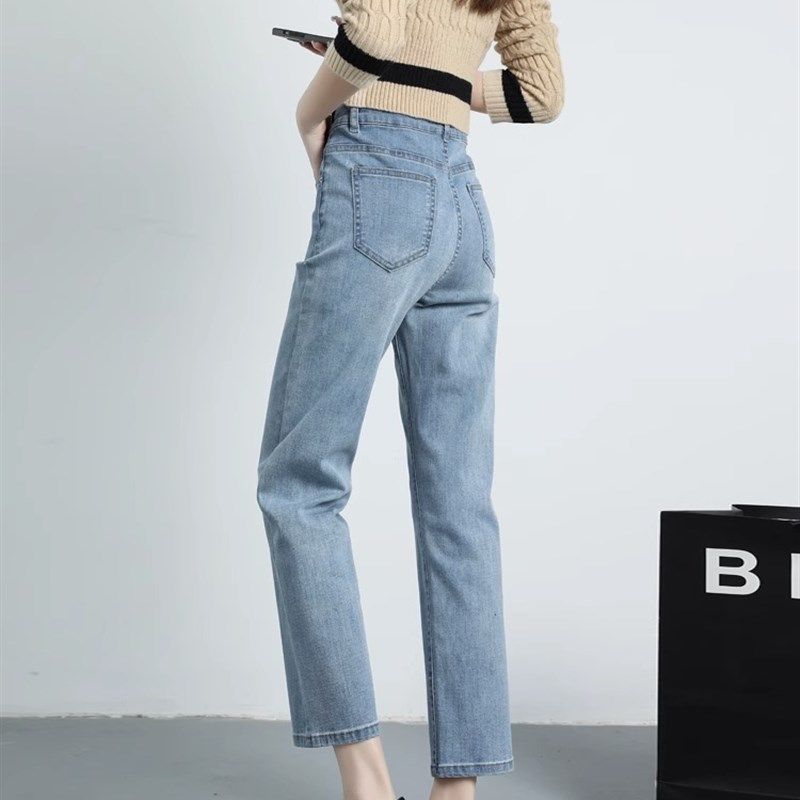 显瘦八分直筒九分牛仔裤女2024春夏修身弹力宽松微胖高腰烟管裤子