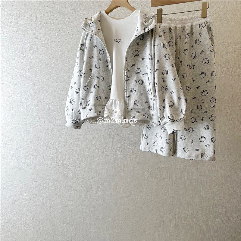 2025春季女童灰色卡通外套开衫连帽卫裤拉链开衫 猫咪卫衣套装