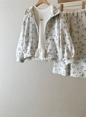 2025春季女童灰色卡通外套开衫连帽卫裤拉链开衫 猫咪卫衣套装