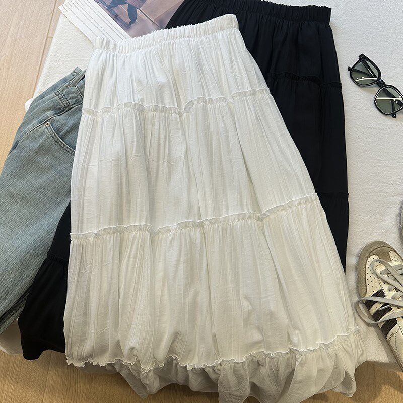 白色半身裙女中长款夏季高腰显瘦a字裙荷叶边拼接小个子蛋糕伞裙