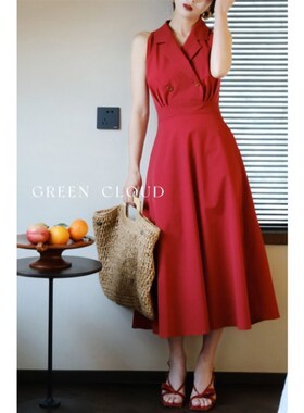 绿色云 绯红绿意 简约浪漫优雅复古港风红色挂脖收腰衬衫连衣裙