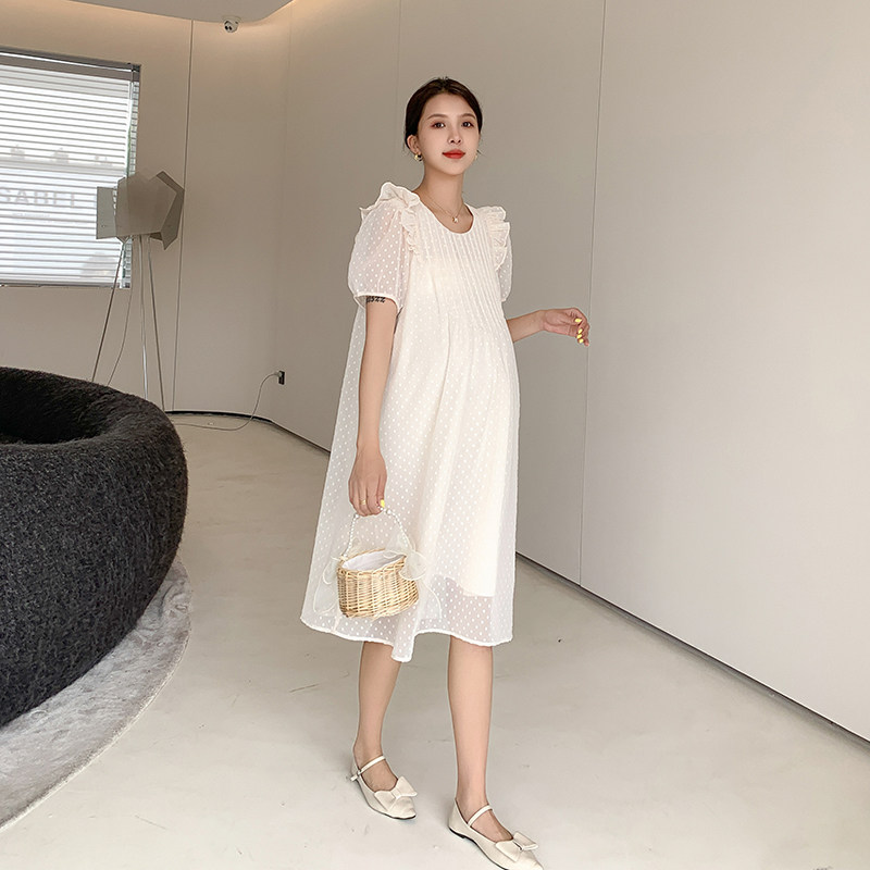 孕妇夏装雪纺连衣裙宽松孕妇装夏款B2023新款法式圆领夏季可穿裙