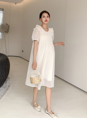 孕妇夏装雪纺连衣裙宽松孕妇装夏款B2023新款法式圆领夏季可穿裙