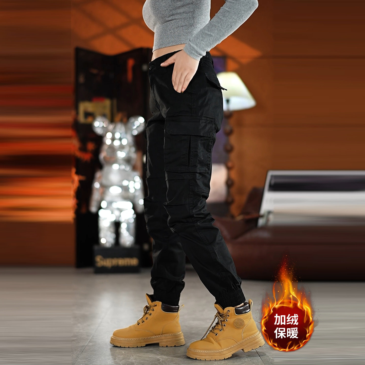 无界美式复古工装裤男2026春秋新款加绒男士休闲裤束脚裤弹力裤子