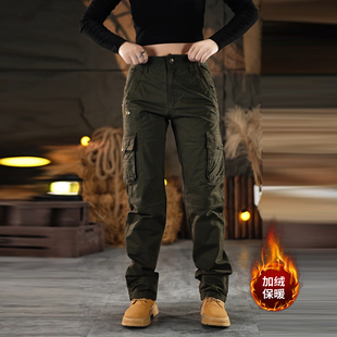美式复古加绒工装裤男秋冬季宽松直筒多口袋加厚大码休闲长裤潮牌
