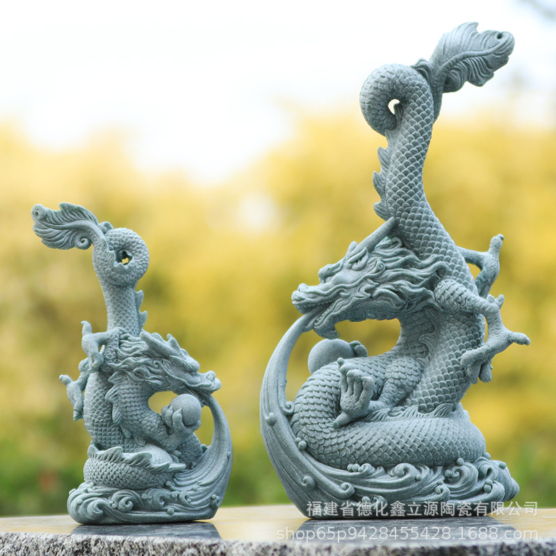 国潮青砂石青龙戏珠摆件鱼缸造景瑞兽创意桌面盆景家居客厅装饰品
