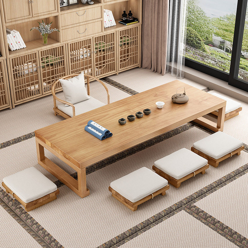 日式实木榻榻米茶几家用会客茶桌椅组合茶室坐地长条茶台白蜡木