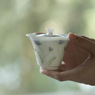 墨己玉泥薄胎内釉手绘盖碗功夫茶具家用陶瓷泡茶碗青花白瓷盖碗
