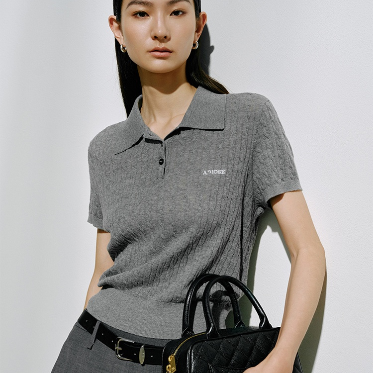 艾诺丝商场同款2025夏新款短袖针织衫女POLO领针织T恤女50418107