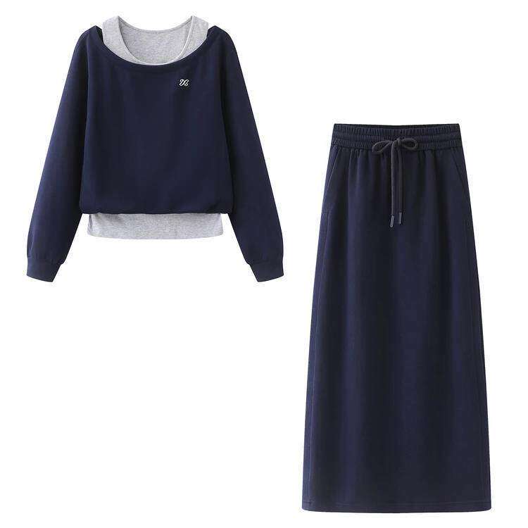 HX商场同款2026夏新款时尚韩系慵懒风斜肩卫衣半身裙套装女090504