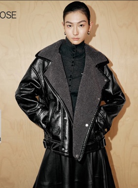 2025冬季新款艾诺丝时尚百搭翻领加绒PU皮衣廓形机车外套女104124