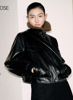 女士时髦加棉皮夹克2025冬季新款艾诺丝撞色翻领皮衣外套女104112