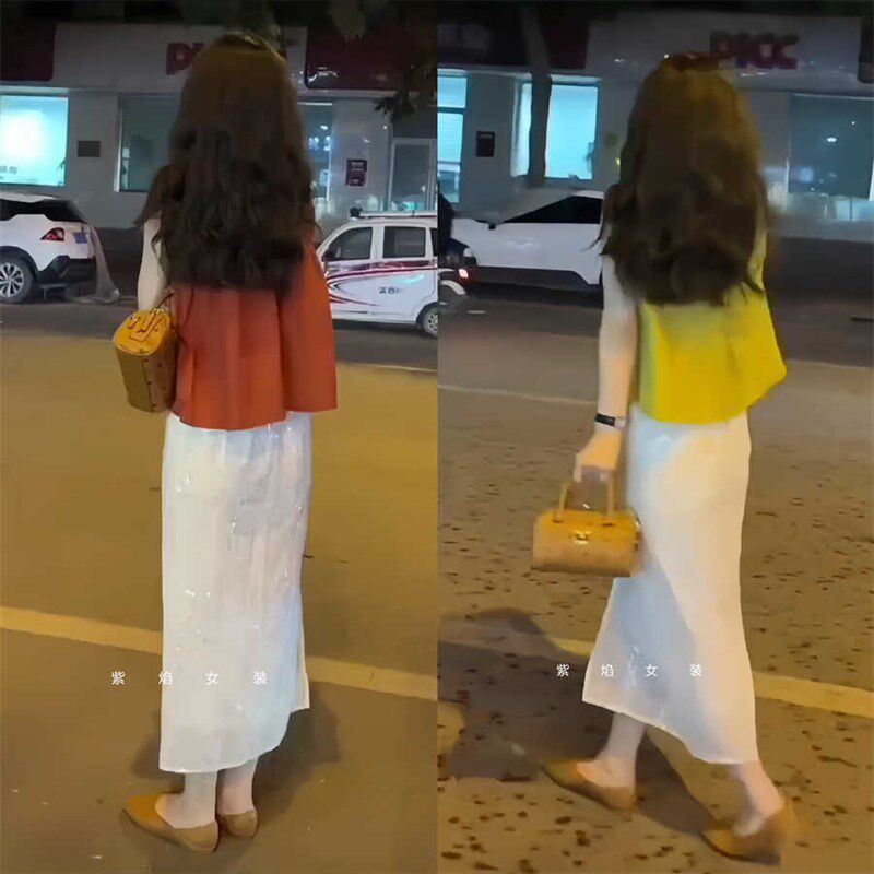 网红新款炸街2024夏季女黄色正肩显瘦上衣搭配白色亮闪半身裙套装