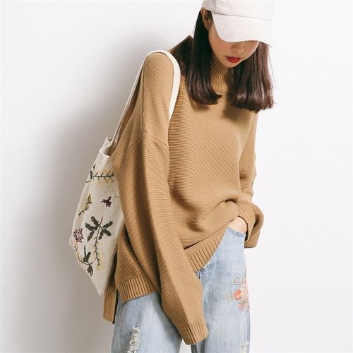 慵懒风纯棉线毛衣女秋冬套头宽松韩版全棉针织衫半高领厚外穿时尚