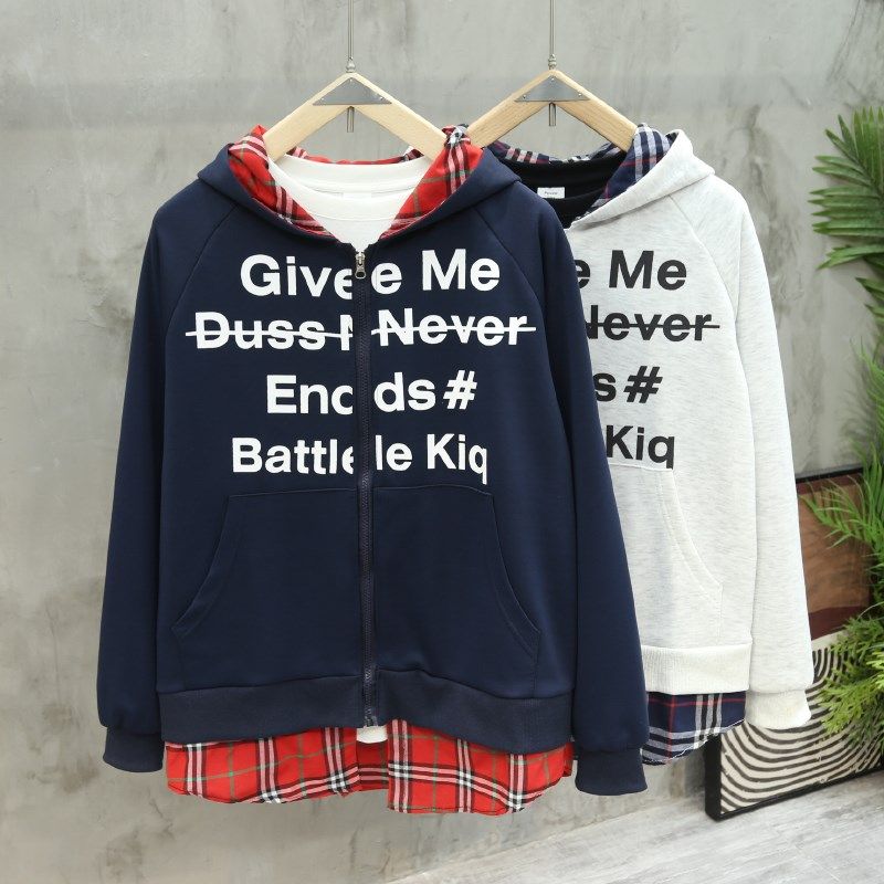 国潮美式复古格子拼接假两件连帽卫衣男女秋高街潮牌情侣开衫外套