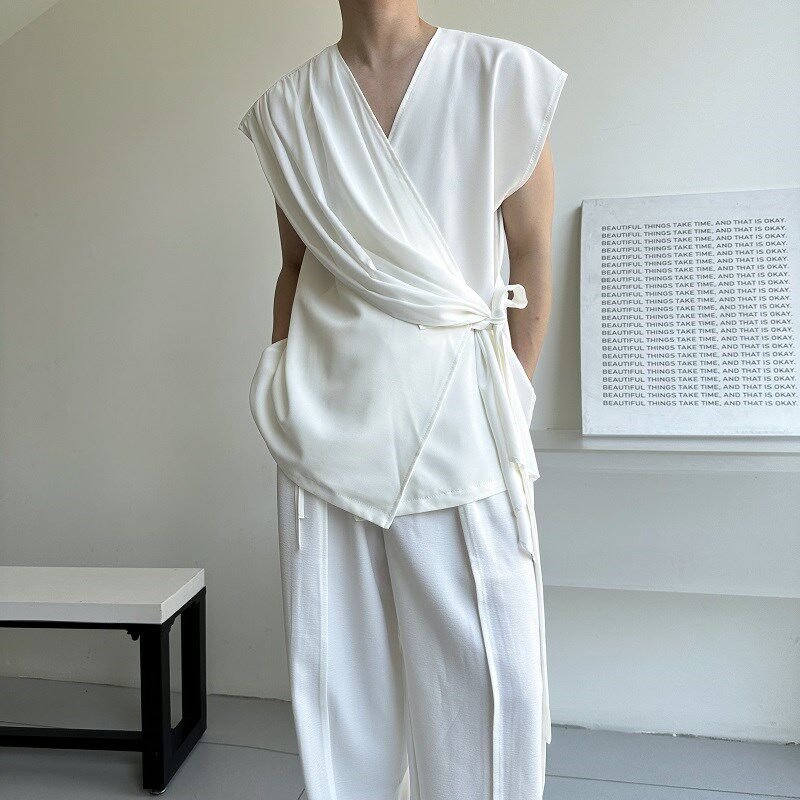 夏季冷淡风小众不对称绑带设计感无袖衬衫男简约垂感高级坎肩上衣