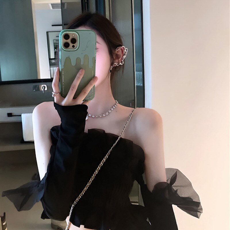 气质黑色背心女早秋2021年新款一字肩网纱长袖辣妹抹胸上衣女外穿