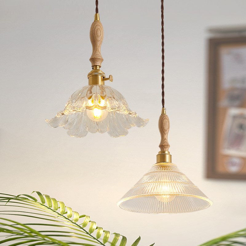 沐遇餐厅吊灯2024年新款原木风实木玻璃法式轻奢床头民宿组合吊灯