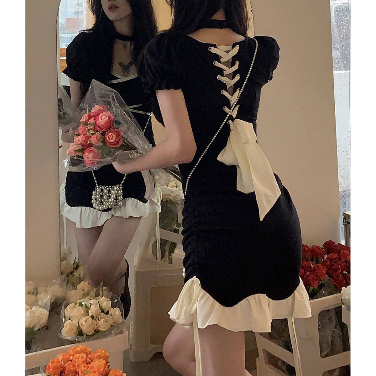 纯欲风黑色连衣裙子女夏季设计感小众收腰气质甜辣妹修身包臀短裙