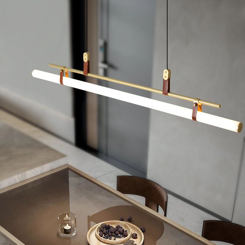 皮革中古餐厅吊灯2023新款长条餐桌灯极简一字吧台灯复古茶室吊灯