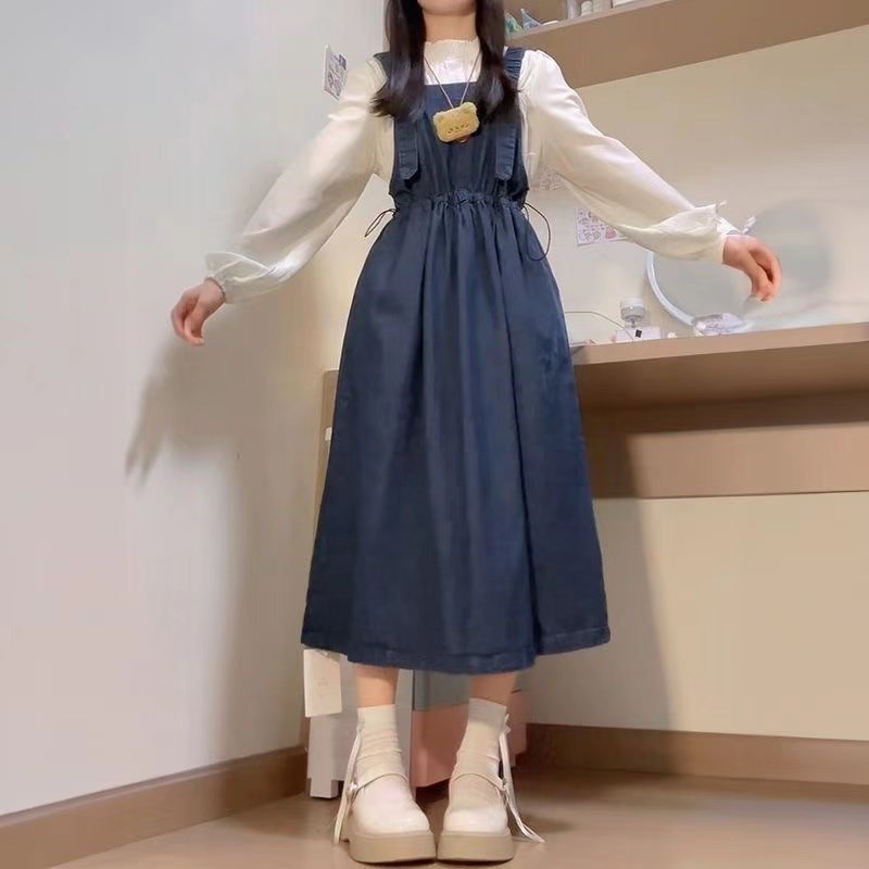 早秋穿搭一整套日系甜美洗水做旧复古牛仔背带裙叠穿立领长袖衬衫
