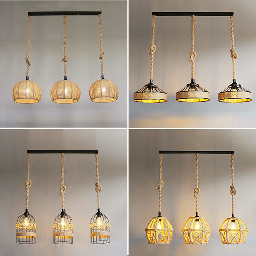 吧台灯餐厅三头灯麻绳吊灯中式饭店馆灯创意个性简约现代民宿吊灯