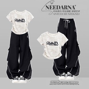 学院风时尚穿搭一整套少女夏装短袖T恤初中生工装裤酷飒两件式套