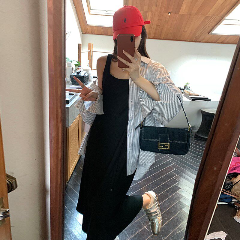 NAZ那子大码春季新款百搭显瘦方领胖mm黑色洋气减龄背心连衣裙女