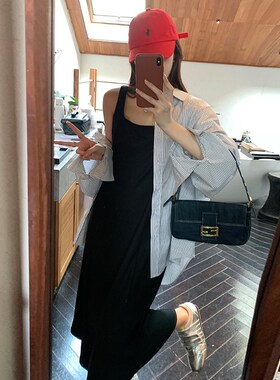 NAZ那子大码春季新款百搭显瘦方领胖mm黑色洋气减龄背心连衣裙女