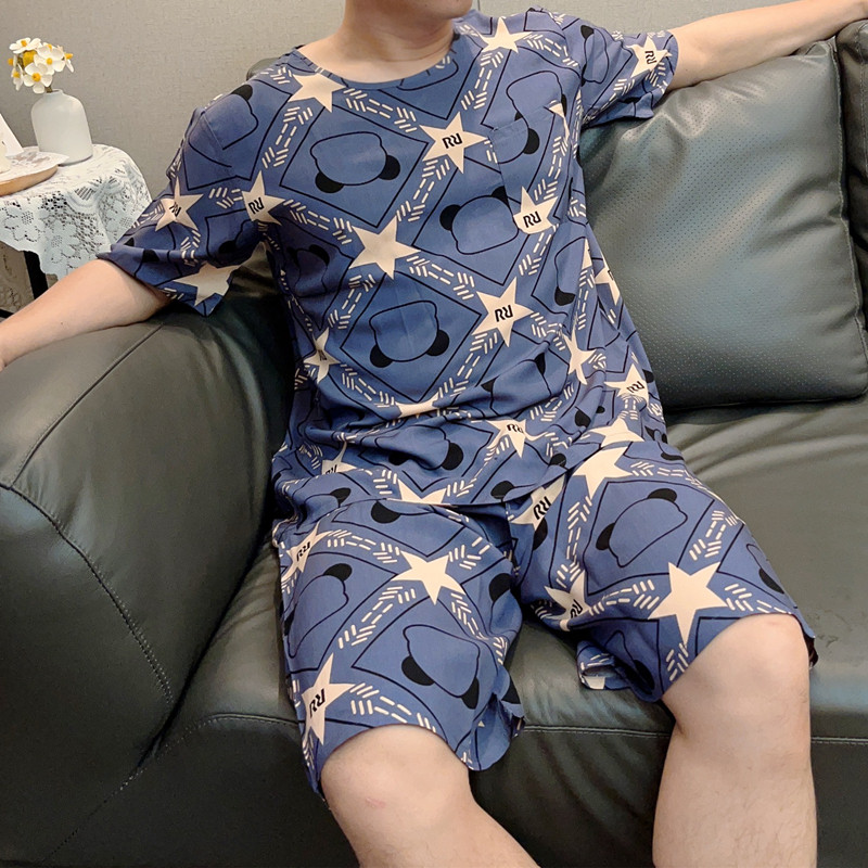夏季男士睡衣套装棉绸空调u家居服薄款加肥加大码短裤男背心两件