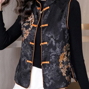 国风刺绣马甲唐装女春秋2024新款中年妈妈洋气时髦马夹新中式上衣