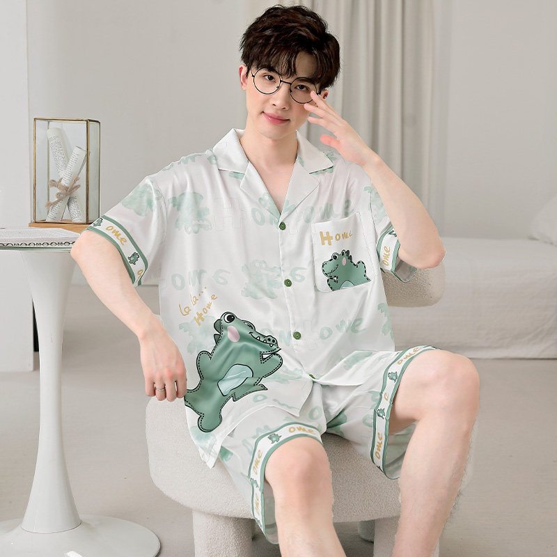 睡衣男士冰丝夏季薄款短袖青少年学生凉感丝绸男生大码家居服套装