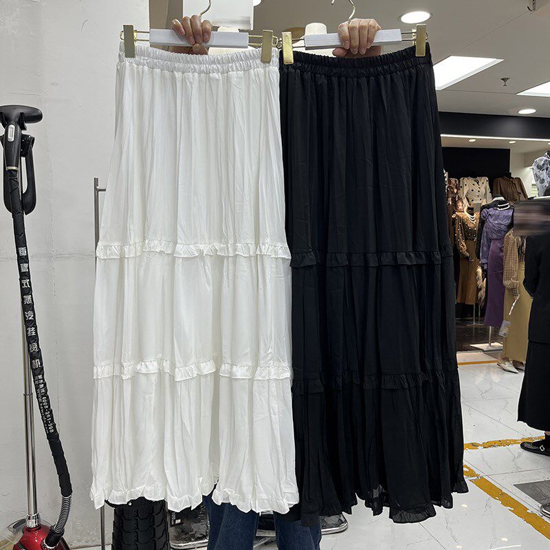 白色半身裙女2025早春季新款褶皱拼接a字裙高腰显瘦超仙中长裙子