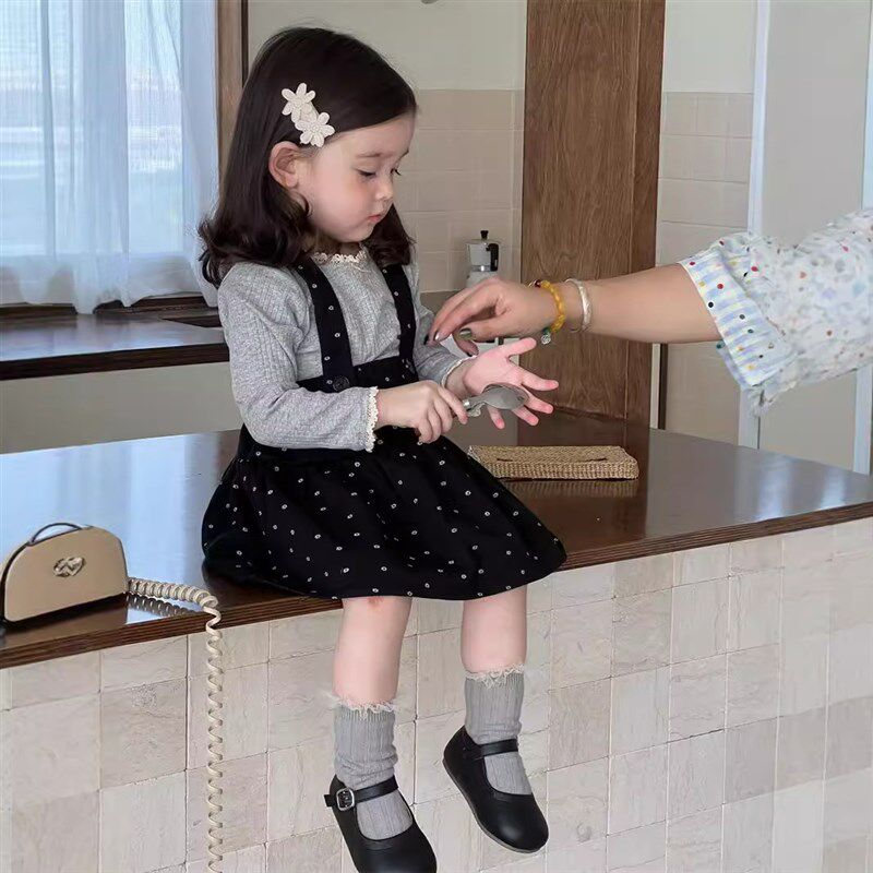 韩版婴儿衣服秋季吊带圆点公主裙套装女宝秋装背带裙小童周岁套装