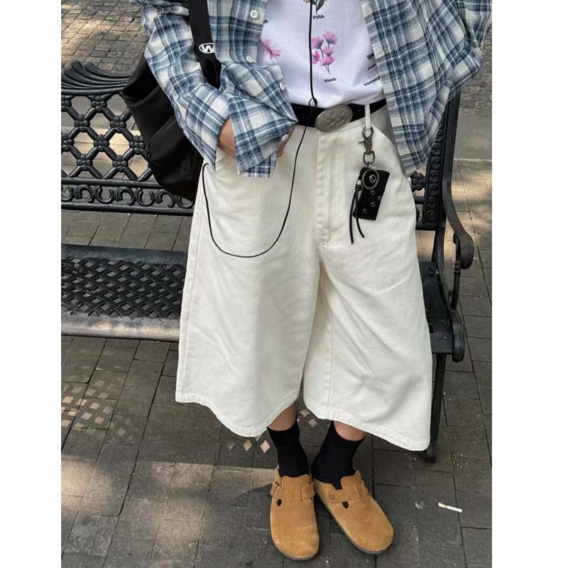 美式简约干净纯色七分裤男女夏季休闲宽松阔腿垂感白色牛仔中裤男