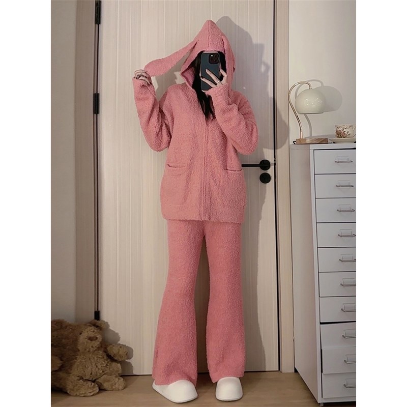 兔耳朵连帽半边绒睡衣女秋冬新z款加绒加厚保暖网红家居服外穿套