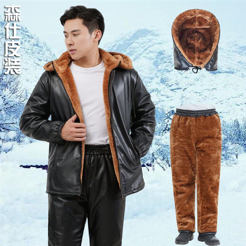 加绒加厚骑行皮衣套装男士保暖防风工作服宽松皮裤防水皮棉衣外套