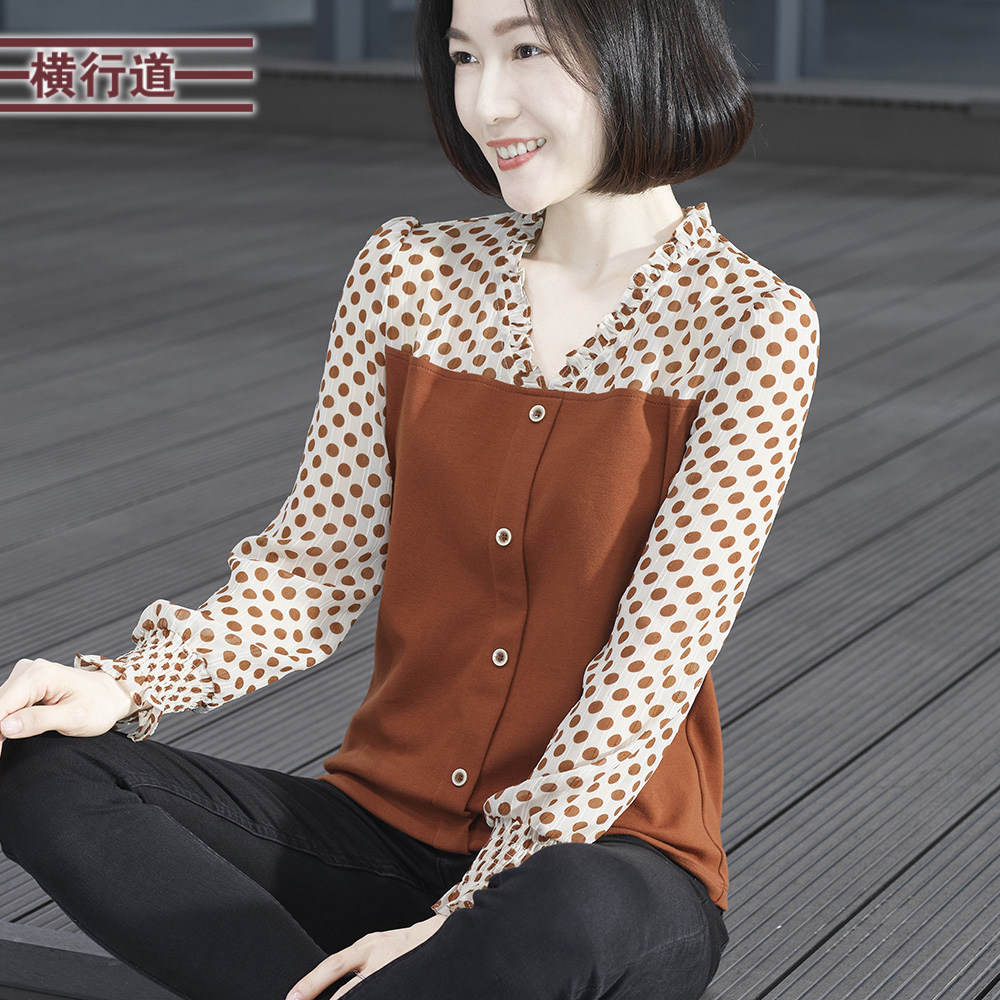 2025春季新款V领波点雪纺拼接宽松妈妈长袖T恤女韩版大码上衣外穿
