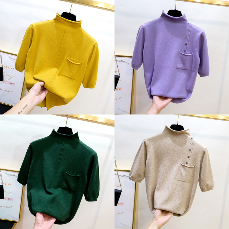 中袖上衣女2021新款韩版秋冬半高领毛衣针织半袖女宽松薄款打底衫