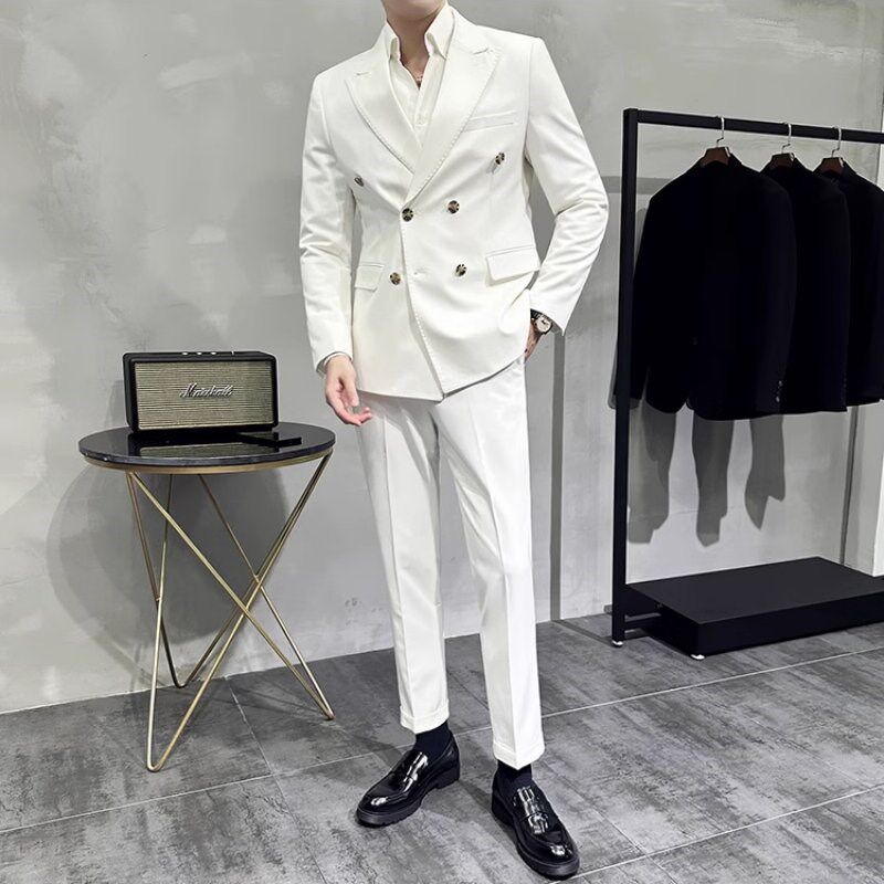 高级感双排扣新郎西装男两件套白色结婚礼服商务绅士宴会西服套装