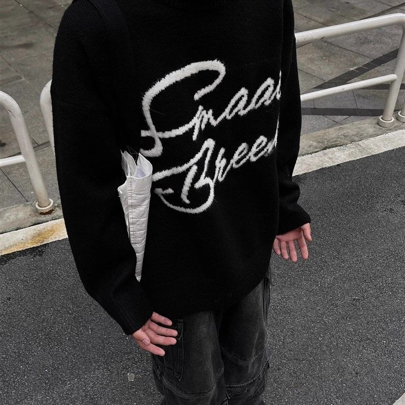 美式复古黑色圆领毛衣男女宽松休闲慵懒风潮牌秋冬字母针织衫外套
