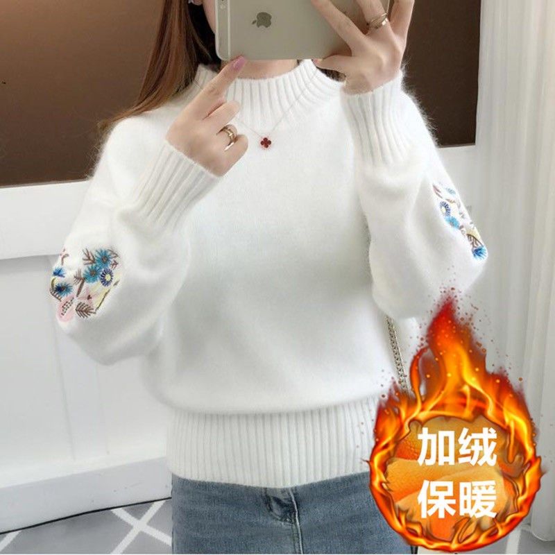 加绒加厚优质包芯纱冬季半高领加厚绣花针织衫打底衫大码毛衣女