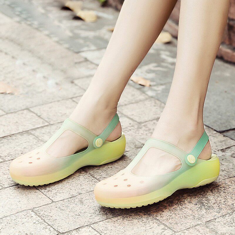 洞洞鞋女沙滩鞋坡跟厚底防滑果冻鞋F学生包头变色塑料凉拖鞋去度