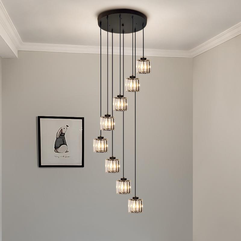 创意复式楼梯间别墅客厅轻奢灯具现代简约大气led黑色水晶长吊灯