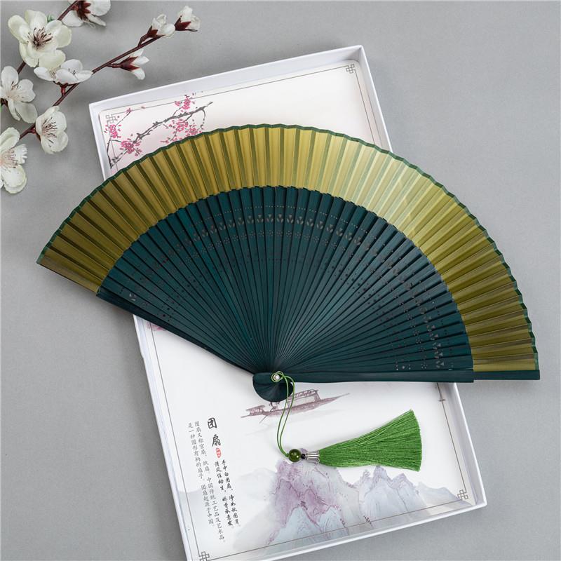 扇子折扇古风女式纯色渐变金绿色夏季随身江户日式和风扇子和服扇