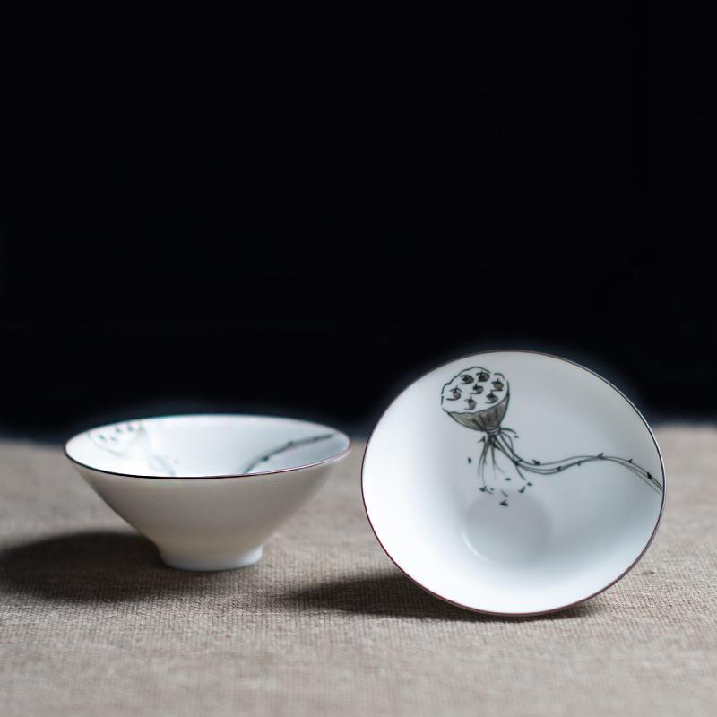 手绘莲蓬斗笠杯陶瓷茶杯 墨彩手绘斗笠主人杯